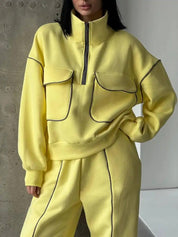 Yellow zip-up sweatshirt and jogger set with contrast seams