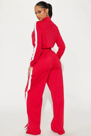 Red cropped zip jacket and wide-leg pants set with side stripe