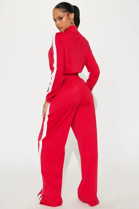 Red cropped zip jacket and wide-leg pants set with side stripe