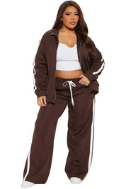 Brown zip jacket and wide-leg pants set with side stripe