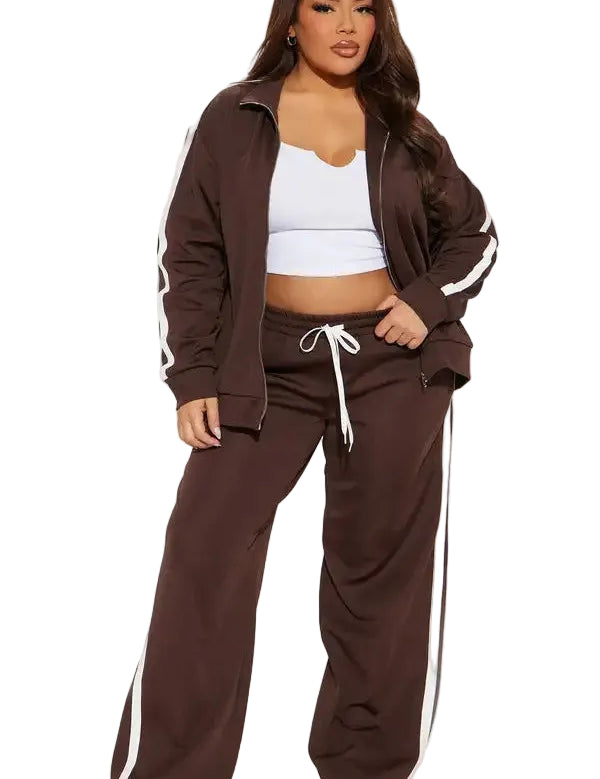 Brown zip jacket and wide-leg pants set with side stripe