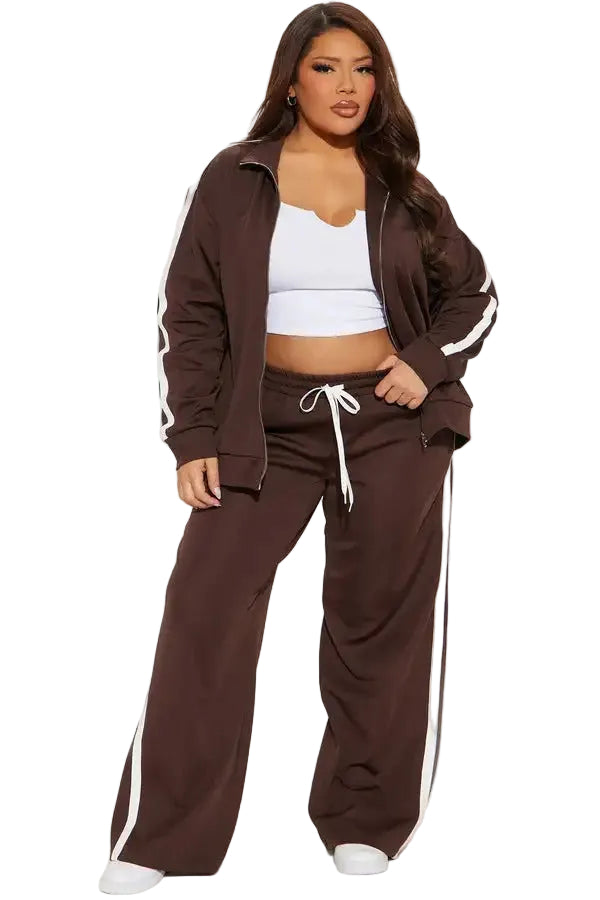 Brown zip jacket and wide-leg pants set with side stripe