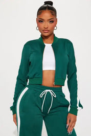 Green cropped zip jacket and wide-leg pants set