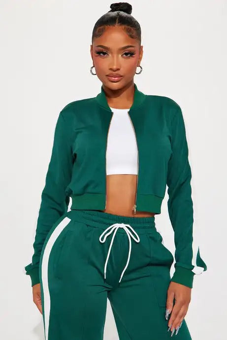 Green cropped zip jacket and wide-leg pants set