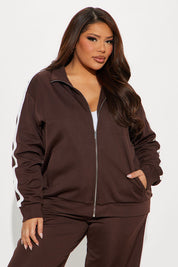 Brown zip jacket and wide-leg pants set with side stripe