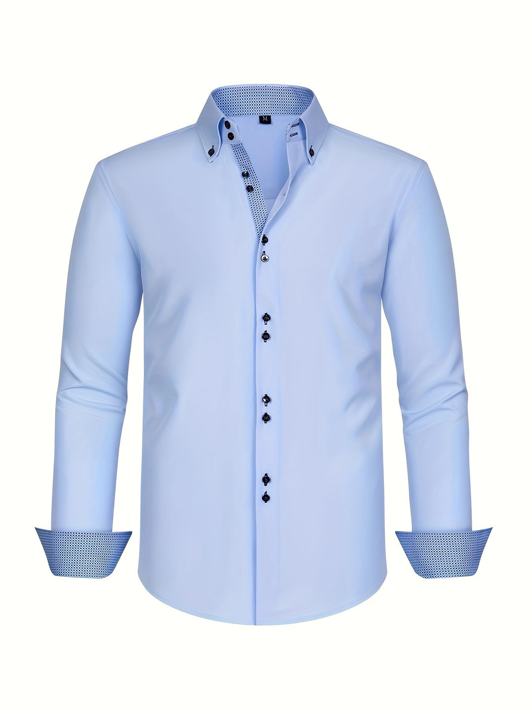 Men's Double-Breasted Stretch Shirt - Light Blue with Contrast Cuffs - Blue