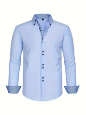 Men's Double-Breasted Stretch Shirt - Light Blue with Contrast Cuffs - Blue