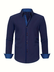 Men's Double-Breasted Stretch Shirt - Light Blue with Contrast Cuffs - Navy