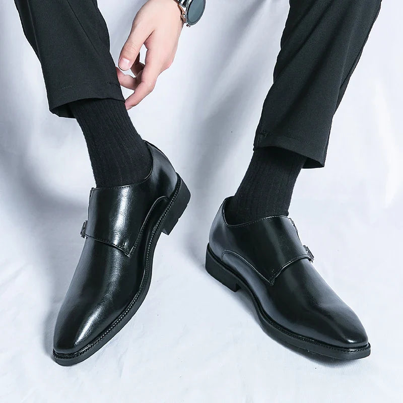 Men's Double Monk Strap Leather Shoes - Classic Business Style - Black