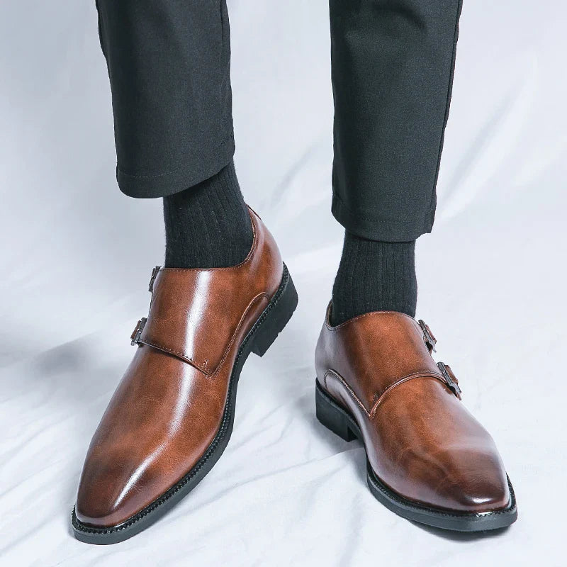 Men's Double Monk Strap Leather Shoes - Classic Business Style