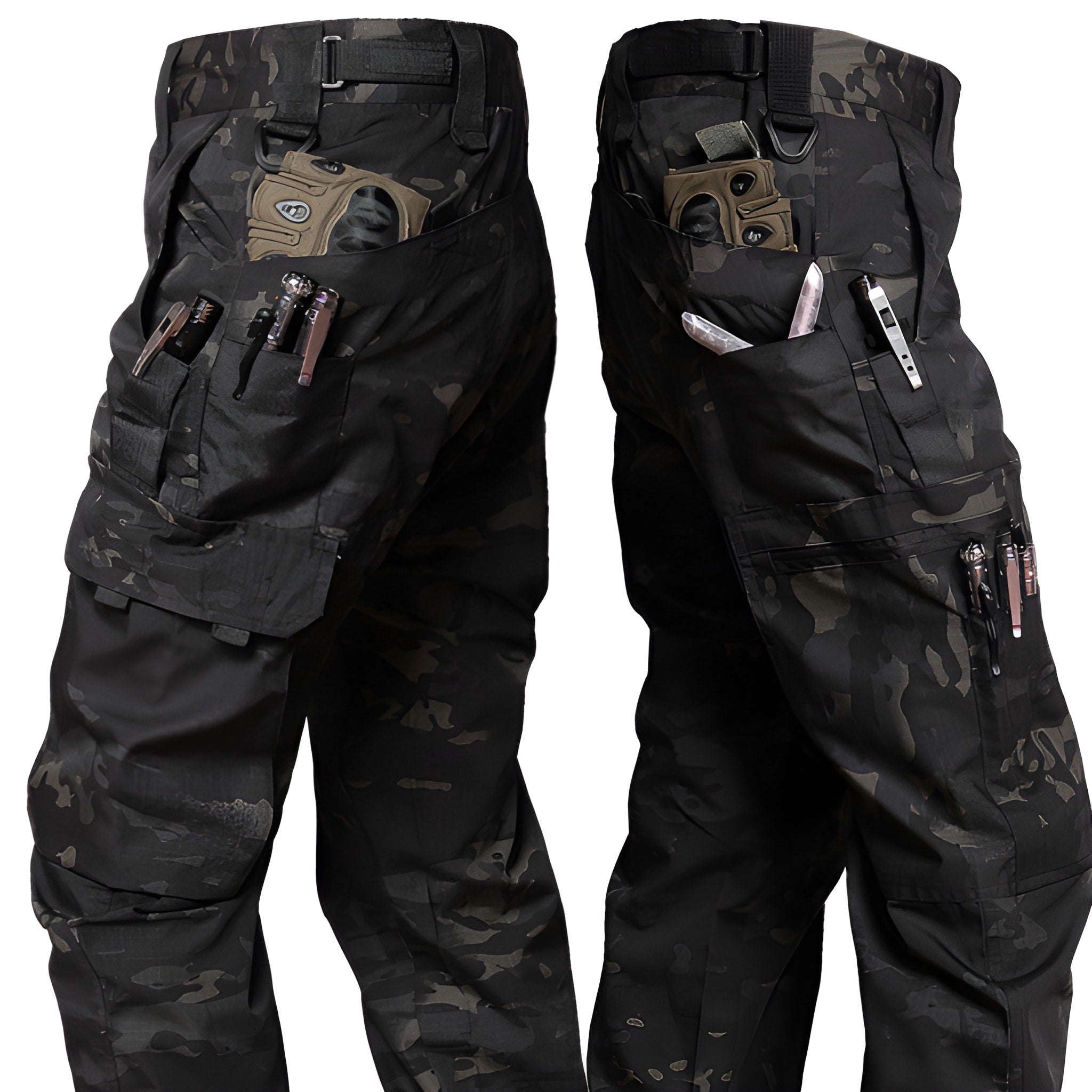 Men's Tactical Cargo Pants - Durable Outdoor Work Trousers - Black Camo